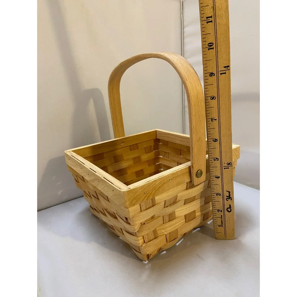 Woven Wood Basket Unisex OS Tan Square Splint Swing Handle Decor Farmhouse